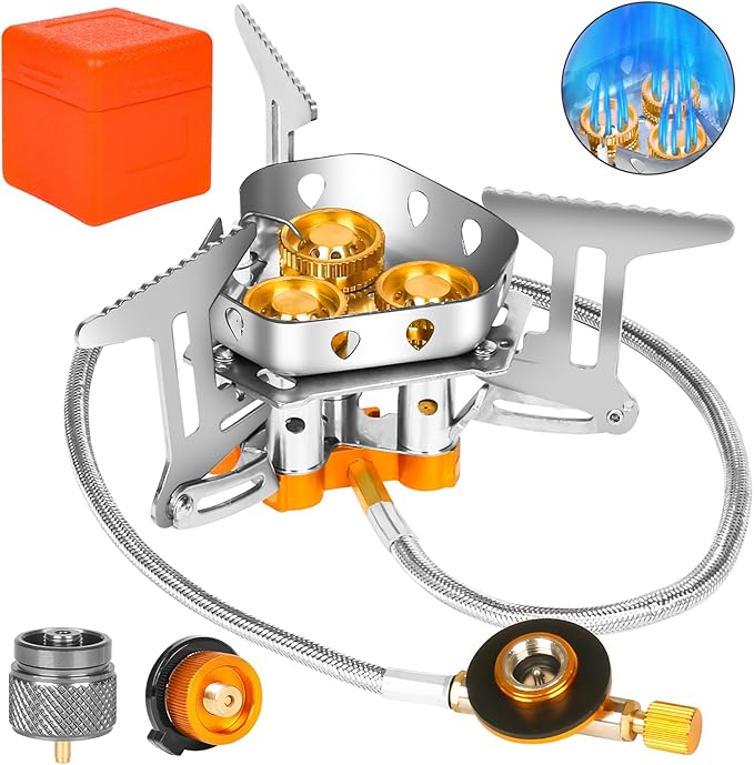 9900W Windproof Camping Gas Stove Portable Camping Stove with Piezo Ignition 1LB Propane Tank Adapter Butane Adapter for Outdoor Cooking Picnic Camping and Hiking