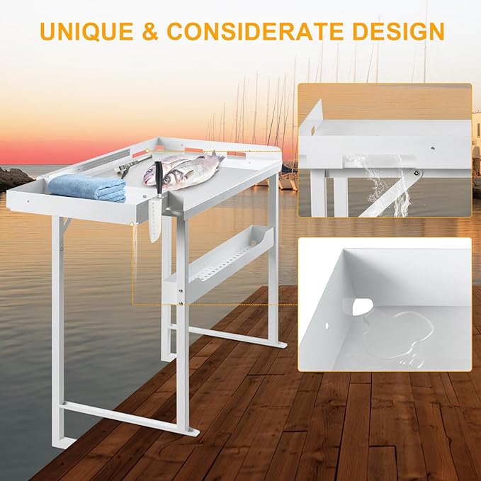 Professional Heavy-Duty Dock-Mounted Fish Fillet Table Corrosion-Resistant Ergonomic Dock Cleaning Station with HDPE Cutting Board &amp Tool Storage
