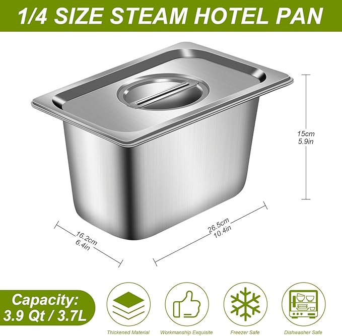 1/4 8 Pack Stainless Steam Hotel Pans with Lids 6 Deep 1.2 mm Thick Stainless Steel Jam Steam Pan Catering Storage Metal Food Pan for Restaurant Hotel Party