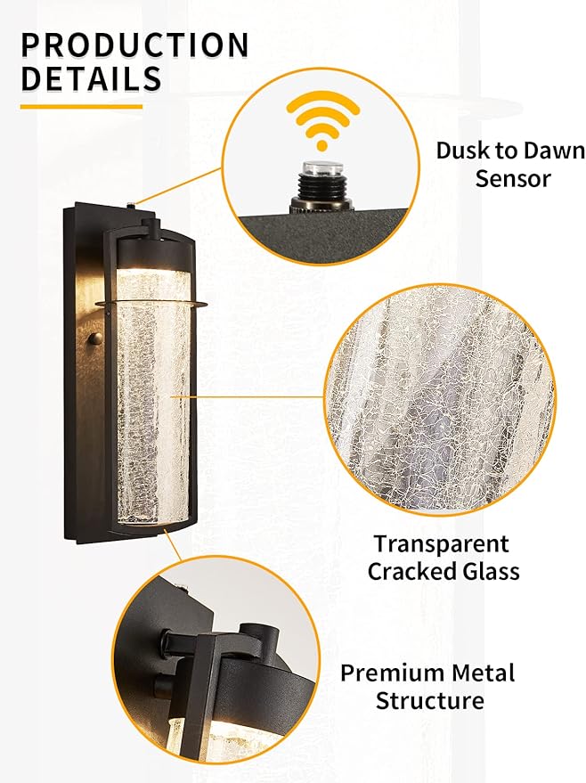 Oil Rubbed Bronze Dusk to Dawn Outdoor Wall Light Fixture LED Porch Light with Crackle Glass 600 Lumen Brown Exterior Light Fixture with Photocell 3000K Outside Lights for House Garage Front Door