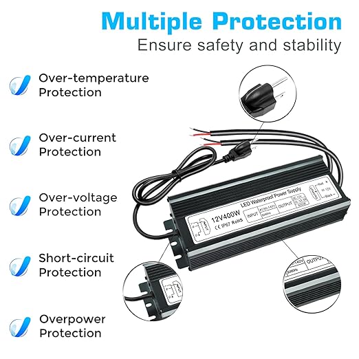 inShareplus 400W 12V Power Supply AC 90-140V to DC 12 Volt 33.3A LED Driver IP67 Waterproof Outdoor Low Voltage Transformer with Standard 3-Prong Plug for LED Light and Other 12V Products