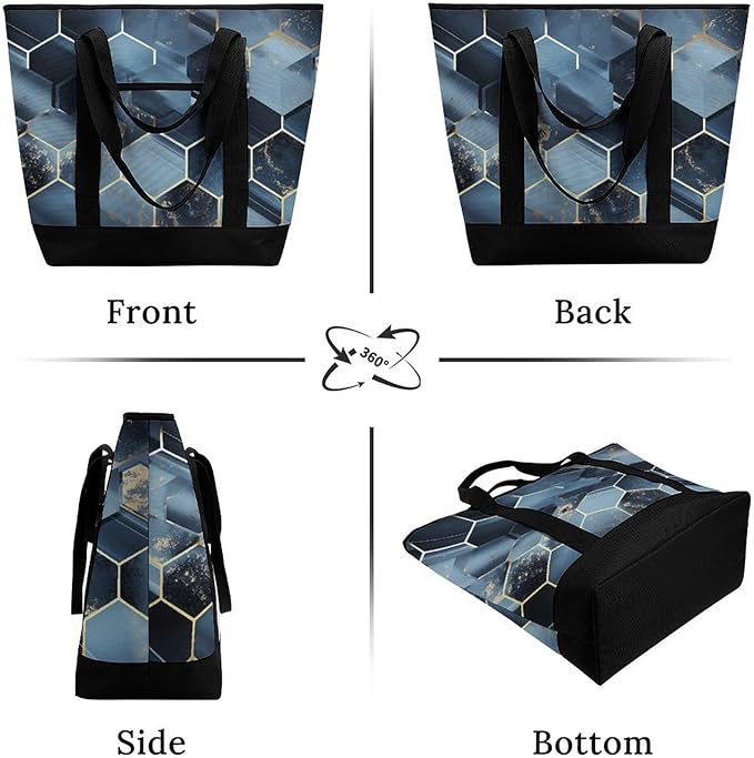 Insulated Shopping BagLarge Reusable Cooler Bags Blue Hexagons And Diamonds Printed Foldable Shopping BagTravel Waterproof Shoulder Bag