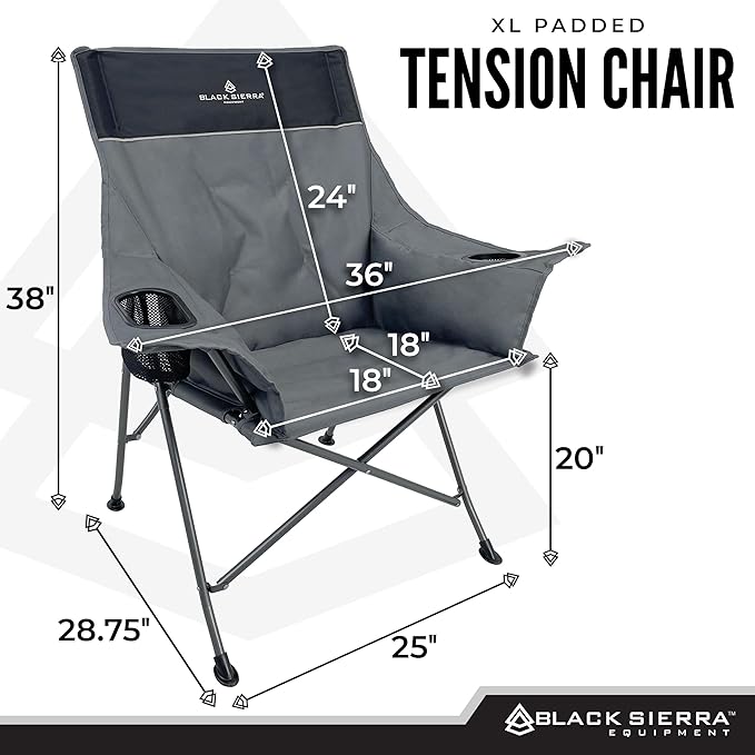 Black Sierra Camping Chair – XL Outdoor Foldable Seat Padded Tension Heavy-Duty Steel Frame Supports 300 lbs – Portable Lightweight for Camping Sports Patio Events