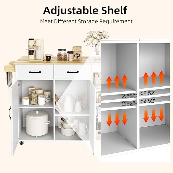 Rolling Kitchen Island Cart with Drop Leaf – 2-Door Cabinet 2 Drawers 3-Tier Spice Rack Towel Holder Bar Table – Ample Storage Utility Cart for Home or Dining Room – Pearl White