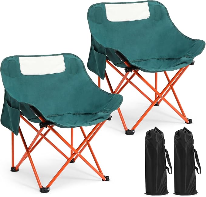 2 Pack Compact Camping Chairs Portable Folding for Outside with Carry Bag Lightweight Moon Chairs for Travel Picnic Hiking Beach Fishing 600D Oxford Supports 330lbs(Green)
