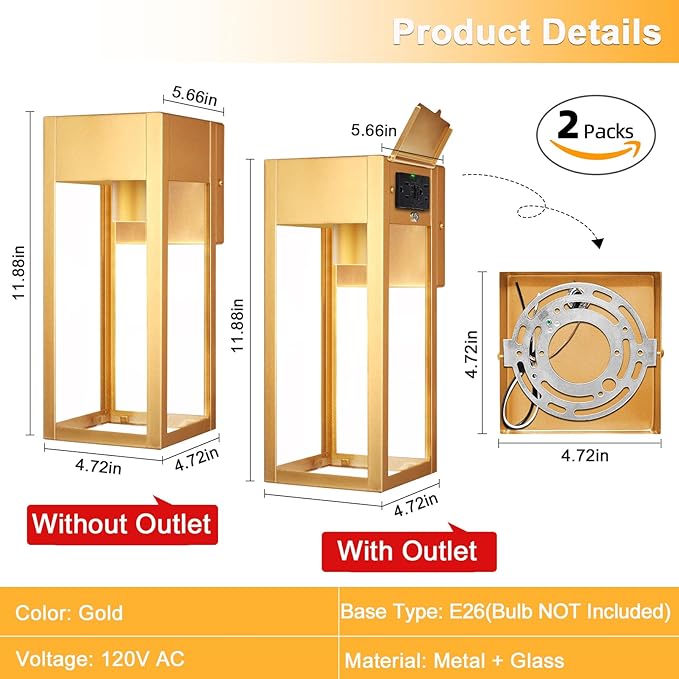 2 Pack Porch Lights Outdoor Wall Sconce Outdoor Light with GFCI Outlet Waterproof Exterior Wall Lantern Light Fixtures Anti-Rust Wall Lamp with Clear Glass for Patio Doorway Garage- Gold