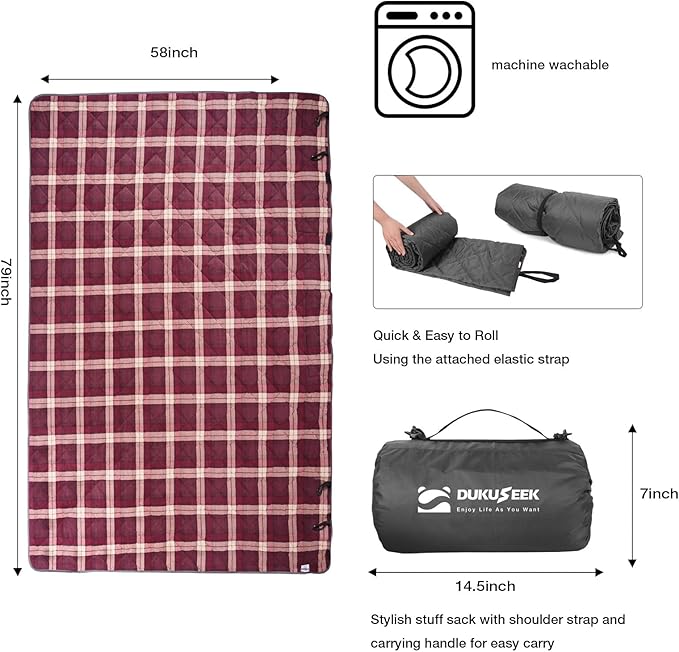 DUKUSEEK Large Camping Blanket - Waterproof Quilted Extra Thick Fleece Warm Windproof Wearable Includes Foldable Hood and Stuff Sack for Car Outdoor Sports Picnics Stadiums Dogs…