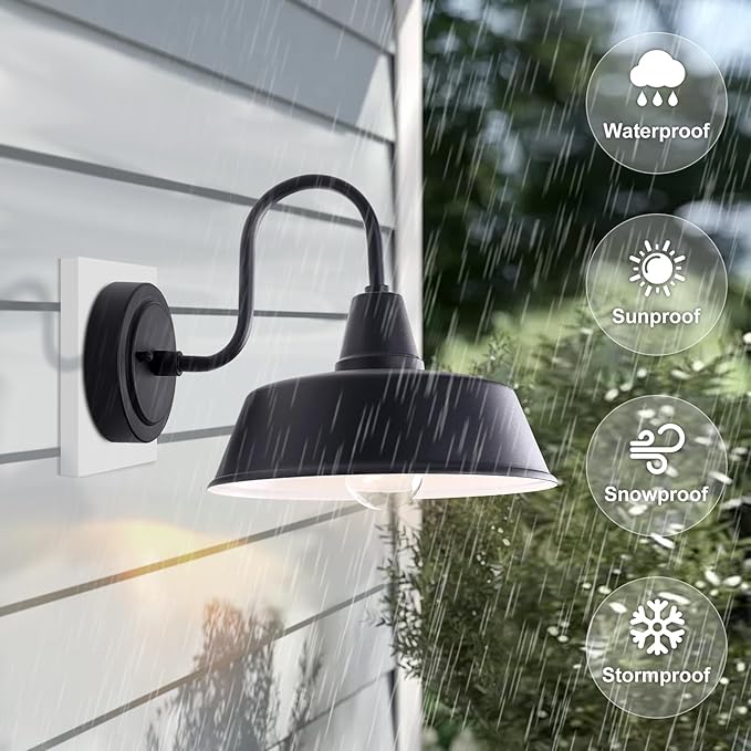 Matte Black Outdoor Gooseneck Barn Light for Porch 10 Inch Dome Farmhouse Exterior Wall Lighting with Wall Mount Outside Wall Sconce Light Fixture for House Porch Garage