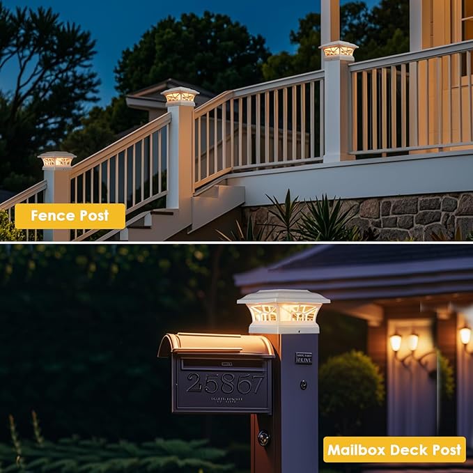 4 Pack Solar Post Cap Lights Outdoor Waterproof Fits 4x4 5x5 6x6 Wooden &amp Vinyl Fence Decks Edison LED Bulb with Warm &amp Cool White Light Modes (Classic White 4)
