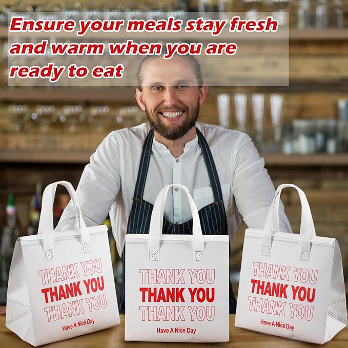 Aliceset 80 Pcs Thank You Insulated Bags for Food Delivery Bulk 9.5 x 9.5 x 6 Inch Thermal Insulation Bag for Cold and Hot Food for Travel Pizza Coffee Milk Catering Restaurant Picnic(White)