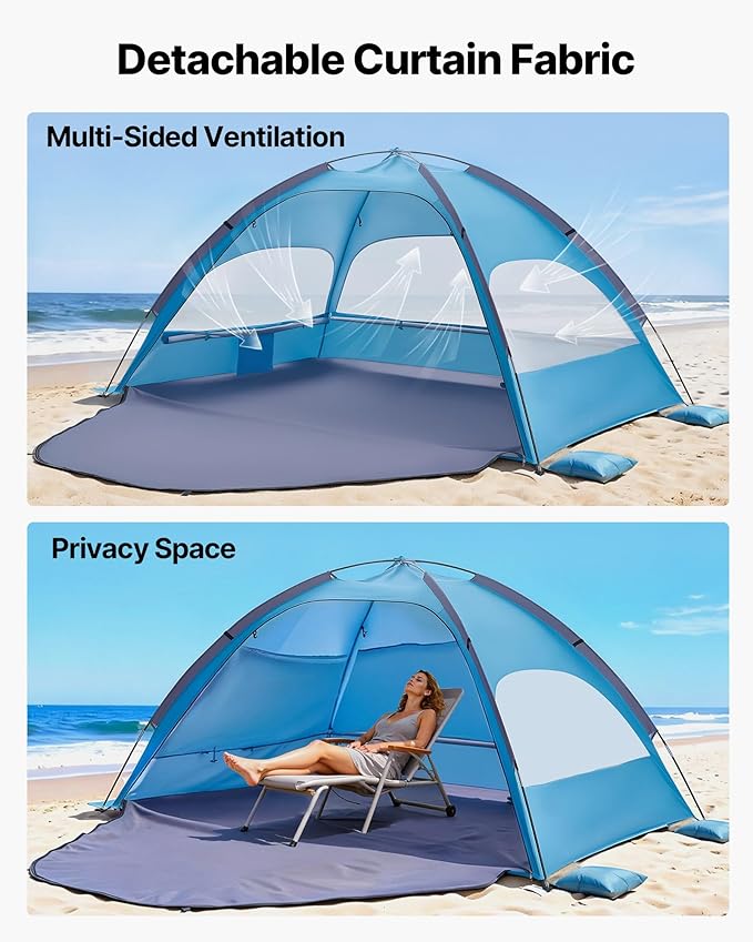 VEVOR Beach Tent Sun Shelter for 4 Person UPF 50+ Protection Portable Sun Shade Beach with Carrying Bag &amp Sand Pockets Lightweight and Easy Setup Beach Umbrella for Camping Fishing Outdoor Picn