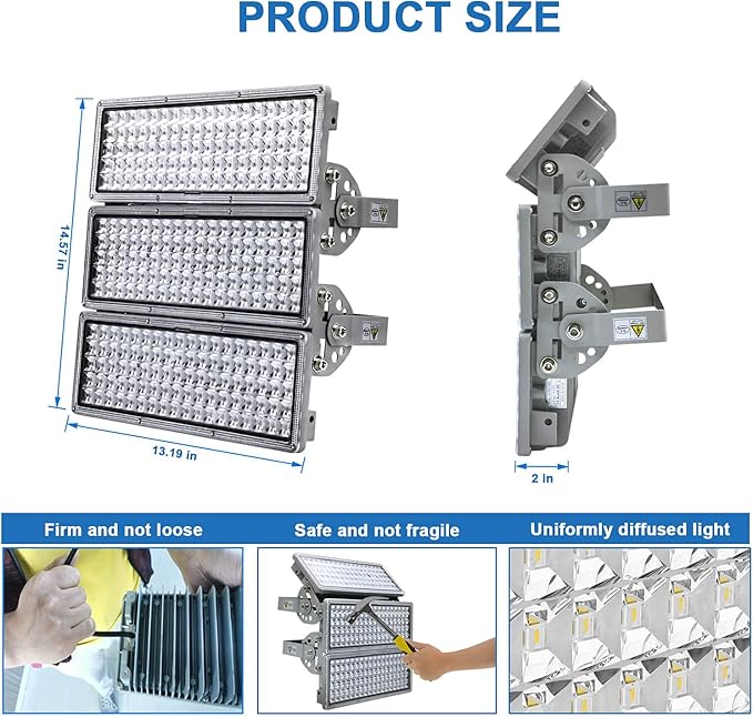 Kekeou 42000LM Stadium Lights Outdoor LED Flood Light 300W 6500K IP67 Waterproof 1500 Watt Equivalent with 3 Adjustable Heads Wider Lighting Angle for Sports Fields and Court
