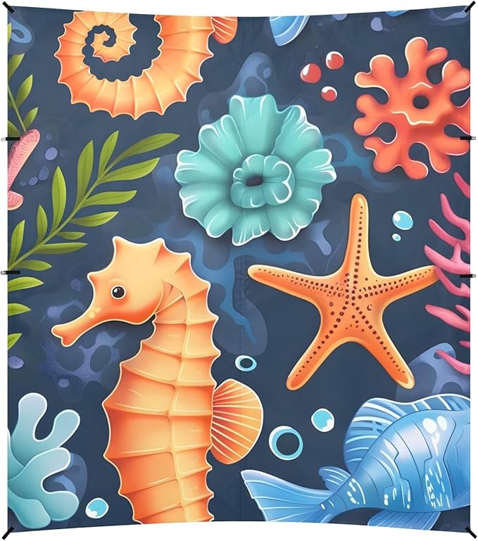Seahorse Starfish Coral Cartoon Camping Sun Shelter Beach Tent Portable Beach Sun Shade Outdoor Canopy for Camping Trips Fishing Picnic