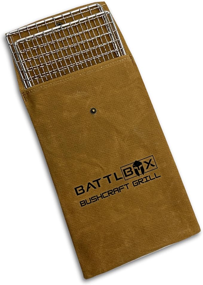 BattlBox Bushcraft Grill Stainless Steel Campfire Cooking Grate (2-Pack) Portable Camping Grate for Fire Cooking BBQ - Canvas Carrying Bag - Welded Mesh Grill Grate - Backpacking Camping Hiking