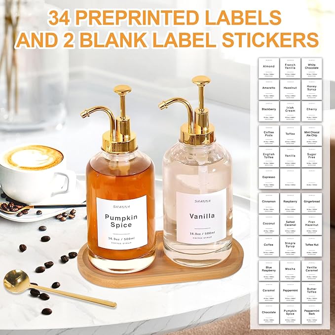 Coffee Syrup Dispenser for Coffee Bar 16.9oz 500ml Glass Syrup Dispenser w Golden Coffee Scoop Coffee Syrup Pump Dispenser w 36 Labels and Bamboo Tray Coffee Syrup Bottles with Golden Pump 2PCS
