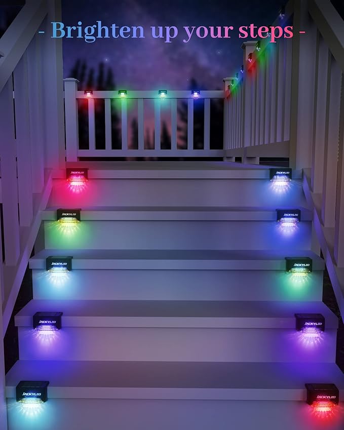 JACKYLED 16 Pack Deck Lights Solar Powered Color Changing Outdoor Solar Fence Lights Waterproof LED Stair Lights for Patio Step Railing Wall Garden