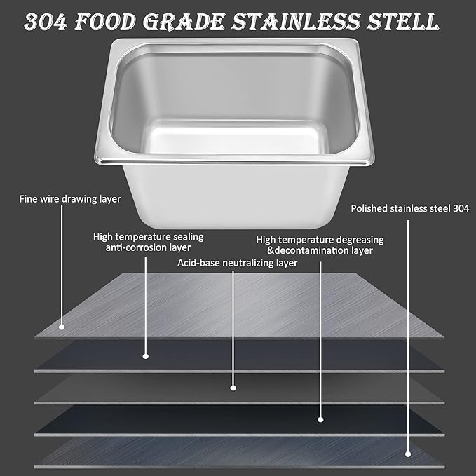 4 Packs Stainless Steel Hotel Pan 1/2 Size x 6 Deep 22 Gauge/0.7mm Thick Steam Table Pan with Lid