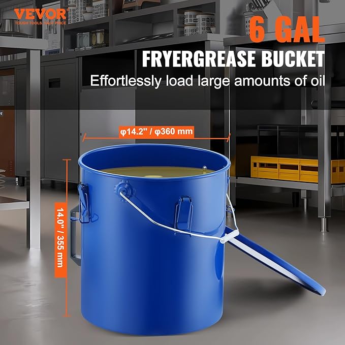 VEVOR Fryer Grease Bucket - 6 Gal Carbon Steel Oil Disposal Caddy with Rust-Proof Coating Transport Container with Lid Lock Clips Filter Bag for Hot Cooking Oil Filtering