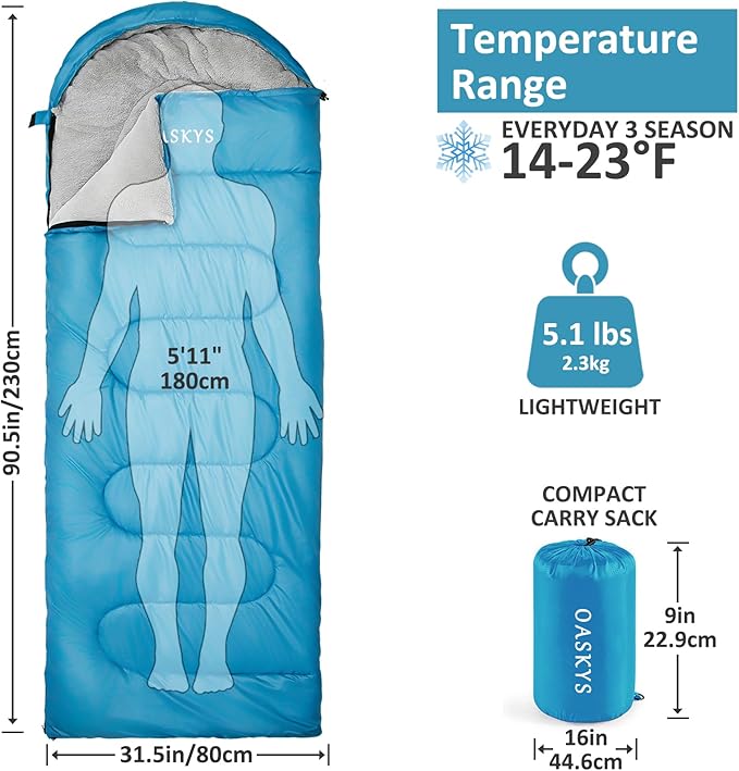 oaskys Camping Sleeping Bag - 3 Season Warm &amp Cool Weather - Summer Spring Fall Lightweight Waterproof for Adults Kids - Camping Gear Equipment Traveling and Outdoors