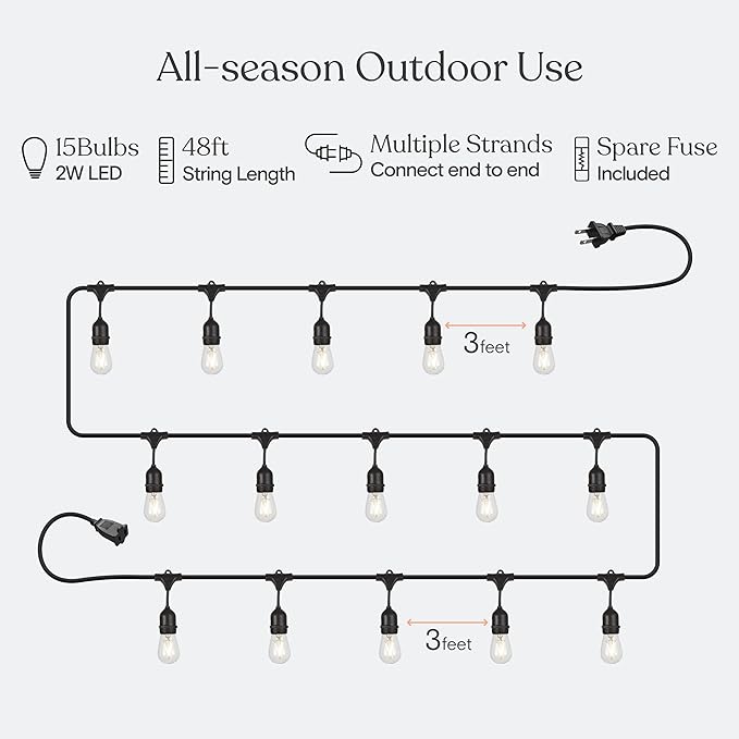 Brightech Ambience Pro - Waterproof LED Outdoor String Lights - Hanging Dimmable 2W Vintage Edison Bulbs - 48 Ft Commercial Grade Patio Lights Create Cafe Ambience In Your Backyard