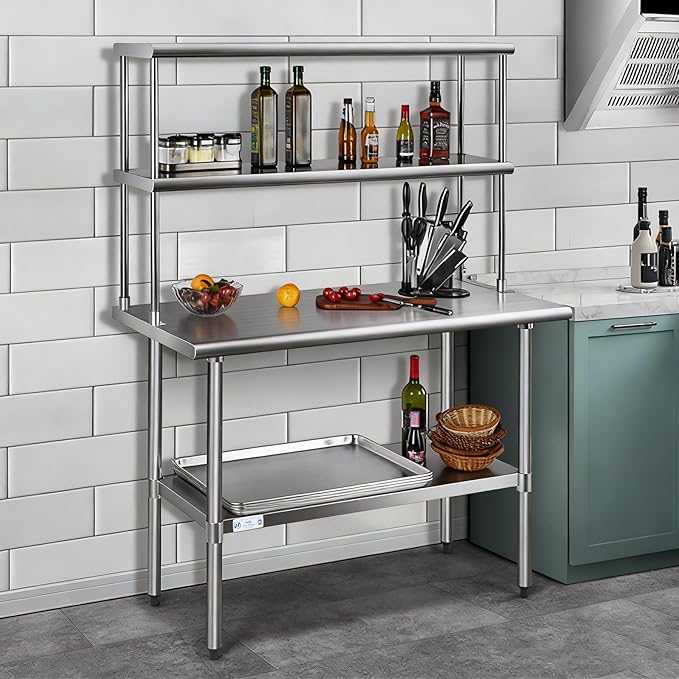 Hally Double Overshelf of Stainless Steel 12'' x 72'' Weight Capacity 420lb Commercial 2 Tier Shelf for Prep &amp Work Table in Restaurant Home or Kitchen
