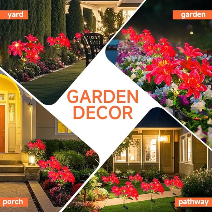 Neporal Solar Flowers Outdoor Waterproof Pink 4PK 7-Stem Garden Solar Lights Decorative 2 Lighting Modes Solar Powered Garden Decor Solar Yard Decor