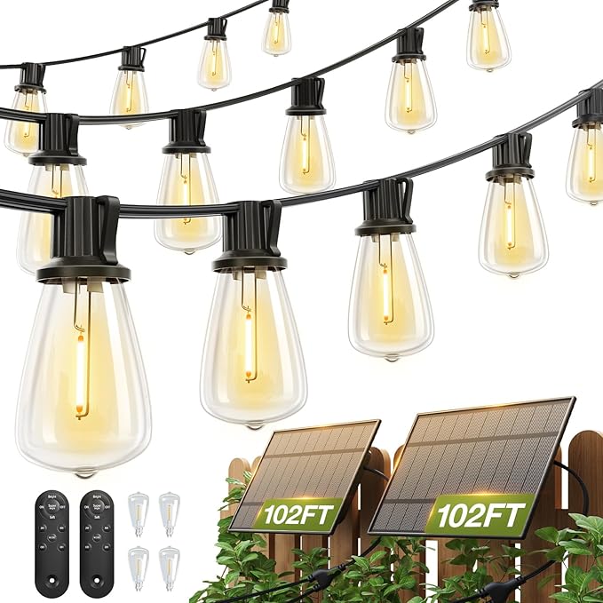 addlon 204FT(2 Pack*102FT) Solar String Lights Waterproof Patio Lights Solar Powered with Remote &amp USB Port 3 Lighting Modes 60+4 LED Shatterproof Bulbs Outdoor Light for Camping Backyard Garden