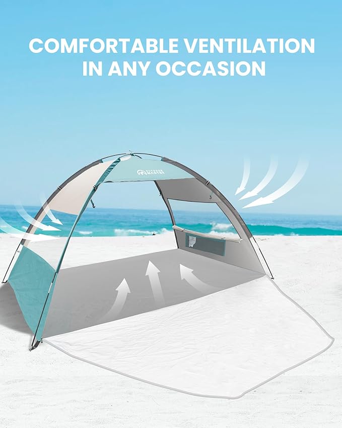 OutdoorMaster Update Beach Tent Sun Shelter with 2 Ventilated Doors UPF50+ Easy Setup Beach Tent Canopy for 3 Person Portable Family Beach Umbrellas for Sand with Carrying Bag - Pale Green
