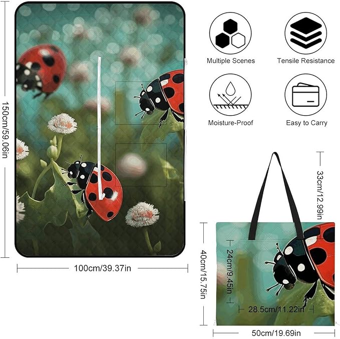 Zipper Ladybug Landscape Style Picnic Mat Suitable for Travel Camping Park Or Home Use