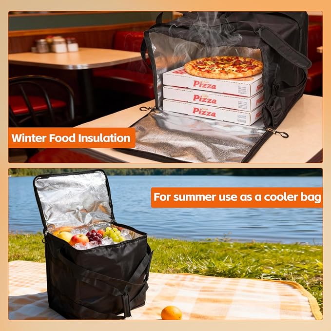 Insulated Heated Pizza Delivery Bag with Handle - Portable Vehicle Food WarmerPadded Heated Pizza Carrier Bag with12-volt Cigarette-lighter Power Port