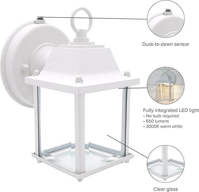 Maxxima LED Porch Lantern Outdoor Wall Light - White with Clear Glass 3000K Warm White 650 Lumens Dusk to Dawn Photocell Light Sensor Patio or Porch Sconce Fixture Exterior Lighting - White