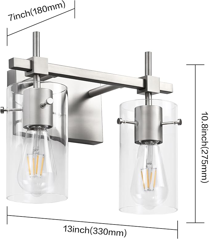 SOLFART 2 Light Wall Scone Vintage Vanity Light Fixtures Brushed Nickel Wall Light for Bathroom Lights Over Mirror with Glass Shade Light Fixtures (Exclude Bulb)