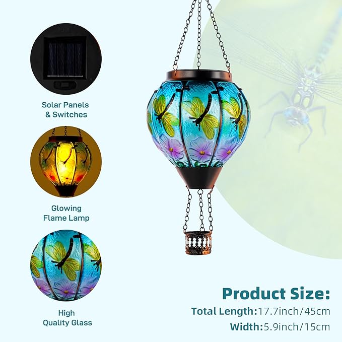 Dragonfly Solar Hot Air Balloon Lantern with Flame Glass Hot Air Balloon Solar Lantern Outdoor Waterproof Decorative Hanging Hot Air Balloon Solar Light for Outside Garden Patio Yard