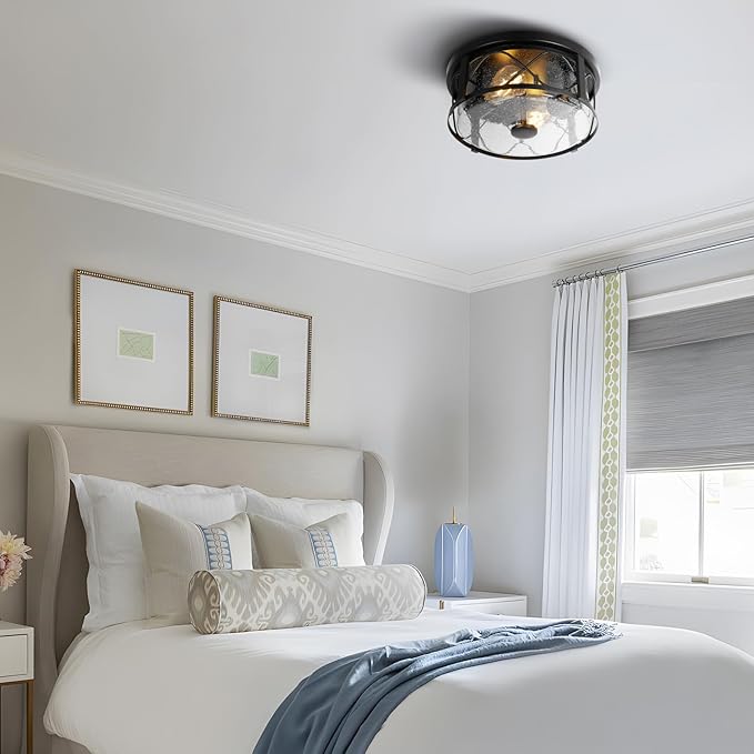 Rustic Close to Ceiling Light Fixtures Farmhouse Flush Mount Ceiling Lighting Metal Cage Lighting with Seeded Glass Black Cage for Home Kitchen Dining Room Bedroom Hallway Entryway Foyer