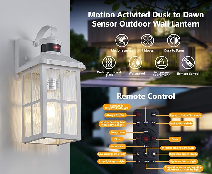 Motion Sensor Porch Lights Outdoor with Remote Dusk-to-Dawn Exterior Lighting Fixtures 4 Modes &amp Weatherproof Outdoor Wall Lights - Ideal for Porch Patio Entryway Garage
