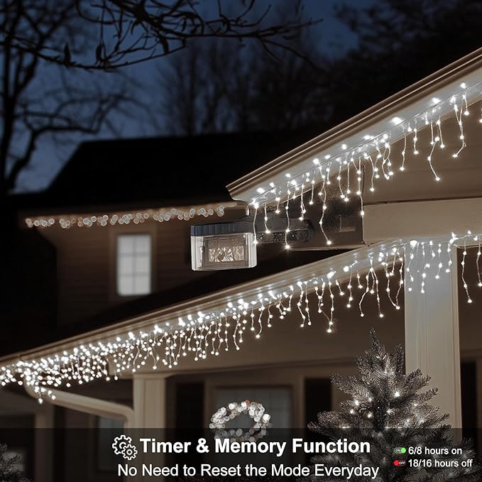 LED Icicle Lights for Outdoor Christmas Decorations118Ft 1200 LEDs Christmas Fairy Light with Timer&ampMemory Function8 Lighting ModesPlug in hanging Curtain Lights for Xmas Party(Cool White)