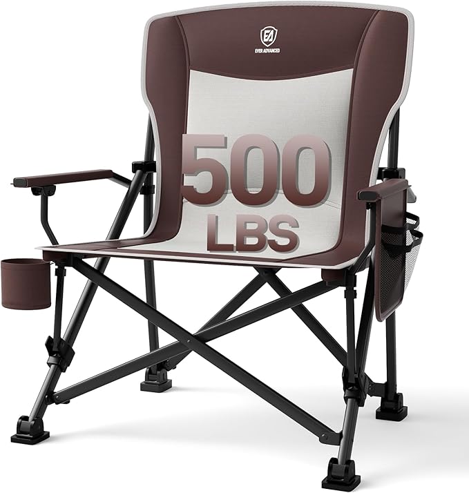 EVER ADVANCED Oversized Folding Camping Chair for Adults Heavy Duty Lawn Chair with Side Pockets Portable Collapsible Quad Chair for Outside Support Up to 500lbs Red