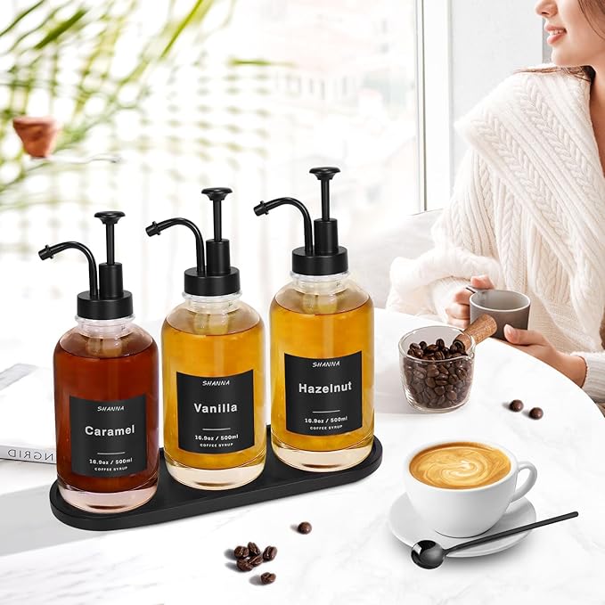 Coffee Syrup Dispenser for Coffee Bar 16.9oz 500ml Glass Syrup Dispenser w Black Coffee Scoop Coffee Syrup Pump Dispenser w 36 Labels and Bamboo Tray Coffee Syrup Bottles with Black Pump 3PCS