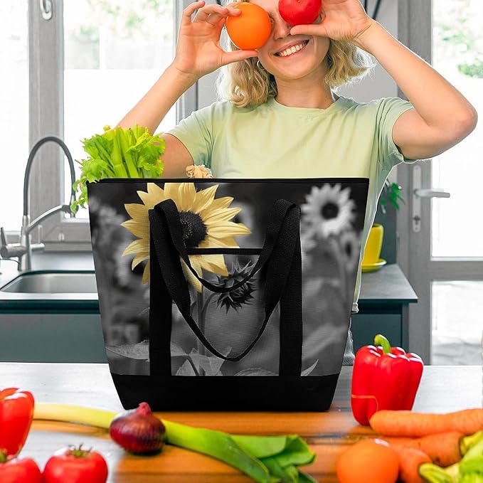 Insulated Shopping BagLarge Reusable Cooler Bags Black And White Sunflowers Printed Foldable Shopping BagTravel Waterproof Shoulder Bag