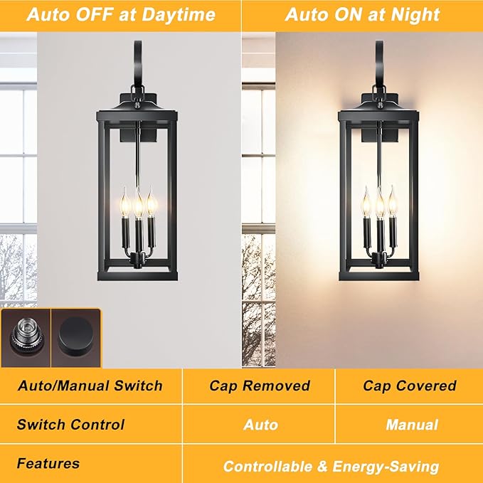 24 Extra Large Dusk to Dawn Outdoor Wall Light Black 3-Light Waterproof Exterior Wall Mount Porch Lantern Modern Outside Wall Sconce Coach Light with Clear Glass E12 1-Pack