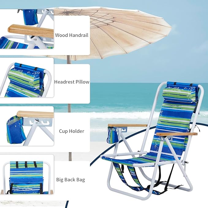 2 Pack Folding Campin Chair Beach Chair Backpack Straps Wooden Armrests Cup Holder Headrest Blue Striped Camping Chair