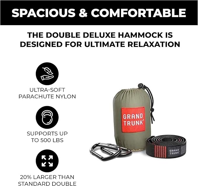 GRAND TRUNK TrunkTech Double Hammock | Ultra-Strong &amp Lightweight | 11 ft Hammock with Ripstop Nylon | 500 lb Capacity | Fast-Drying &amp Weather-Resistant | Crimson/Charcoal