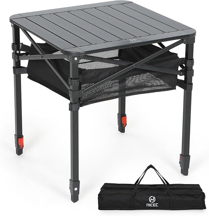 Nice C Aluminum Square Table Adjustable Height Folding Camping Table Lightweight Collapsible Table with Roll-up Tabletop Carry Bag for Outdoor Camping Picnic backyards BBQ (20'' Medium)