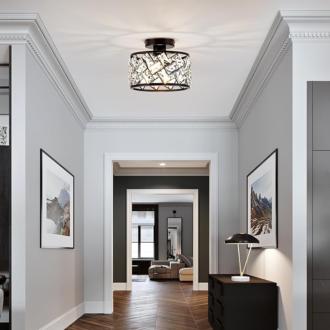 Crystal Ceiling Light Fixture Modern Semi Flush Mount Ceiling LightCrystal Chandelier for Kitchen Bedroom Bathroom Entryway Black Finish