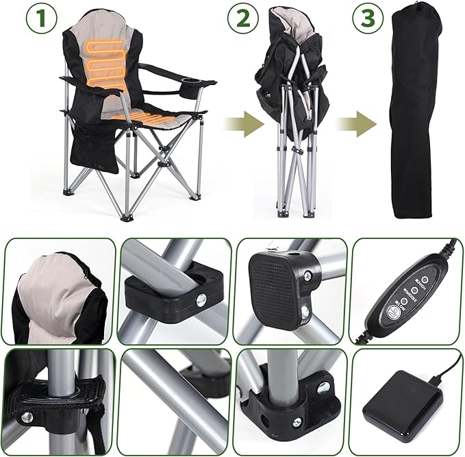 Heated Outdoor Chairs Heated Camp Chair Camping Chairs Heated Folding Chair with Removable Cushion Battery Pack Fully Padded for Outdoor Comfort with Cup Holder (2-Pack)