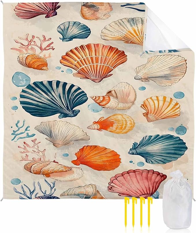 Summer Beach Beach Blanket Waterproof Sandproof Orange White Blue Seashell Vintage Coastal Beach Mat Quick Drying Outdoor Picnic Mat 83 x 79 for 1-4 Adults Essentials for Travel Camping Hiking
