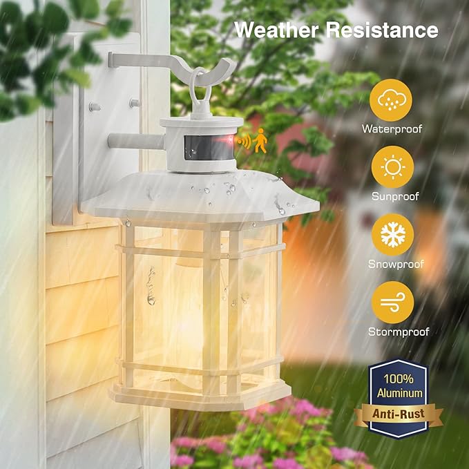 VIANIS Outdoor Motion Lights for House 2-Pack Dusk to Dawn Outdoor Lanterns for Front Porch Waterproof Anti-Rust Aluminum Exterior Wall Sconce with Tempered Water Glass for Garage Entrance Entryway
