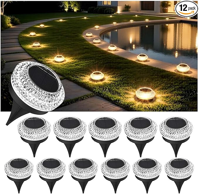 Solar Deck Lights Outdoor - IP67 Waterproof Solar Driveway Dock Lights 12PK Solar Pthway Lights Outdoor Warning Step Lights for Driveway Sidewalk Garden Pathway Yard Stair Backyard Decor(Warm White)