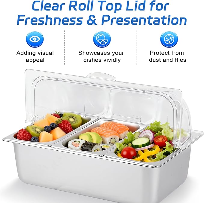 Cold Food Buffet Server 3 Pans×4QT with Ice Packs for Salad Pizza Sauce Colded Serving Trays Condiments Containers for Parties Buffet