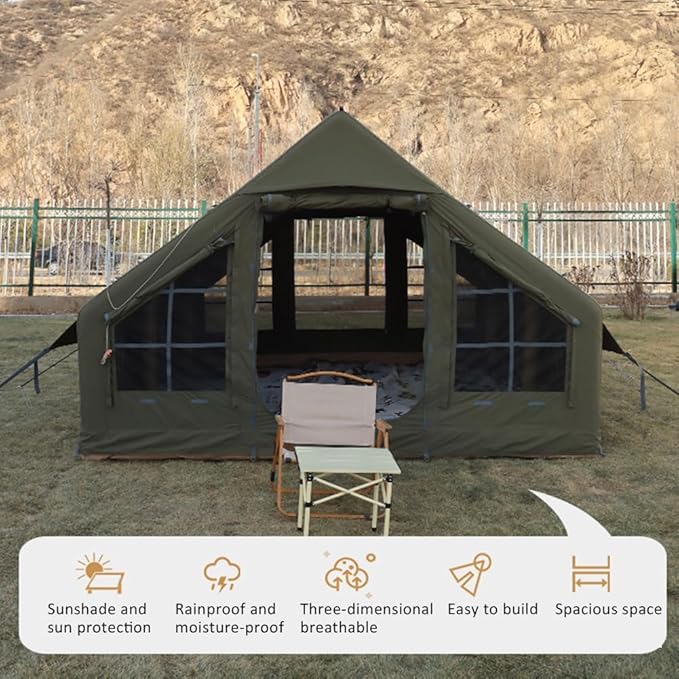 Large Luxury Inflatable Camping Tent Cotton Canvas Tent Breathable and Waterproof Air Tent with Skylight and Stove Jack Hole for for 4-6-8-10 Person Family Camping